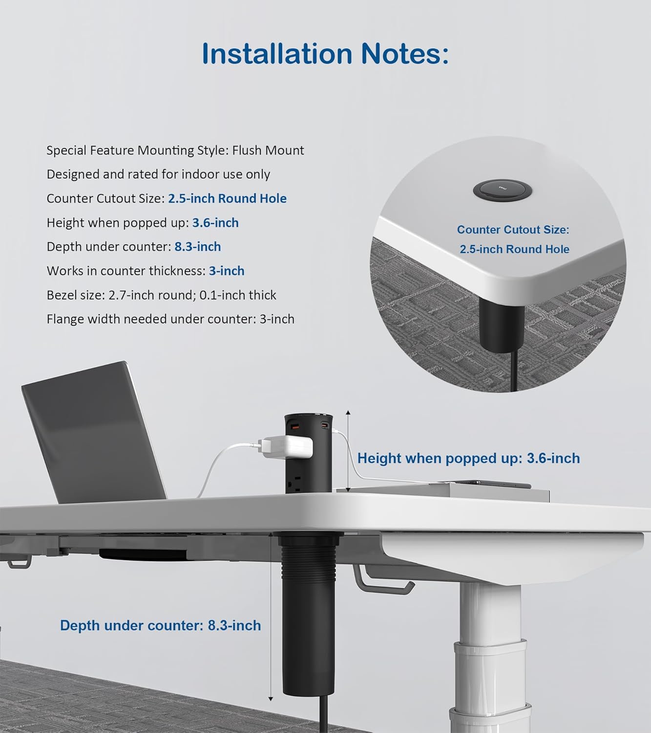 Pop up Outlet for Countertop,2.5 Inch Hole Desktop Power Grommet,Recessed Power Strip,20W USB C Fast Charging,4 Outlets 4 USB Ports,15Amp Tamper Resistant Receptacle for Home,Kitchen,Office Black