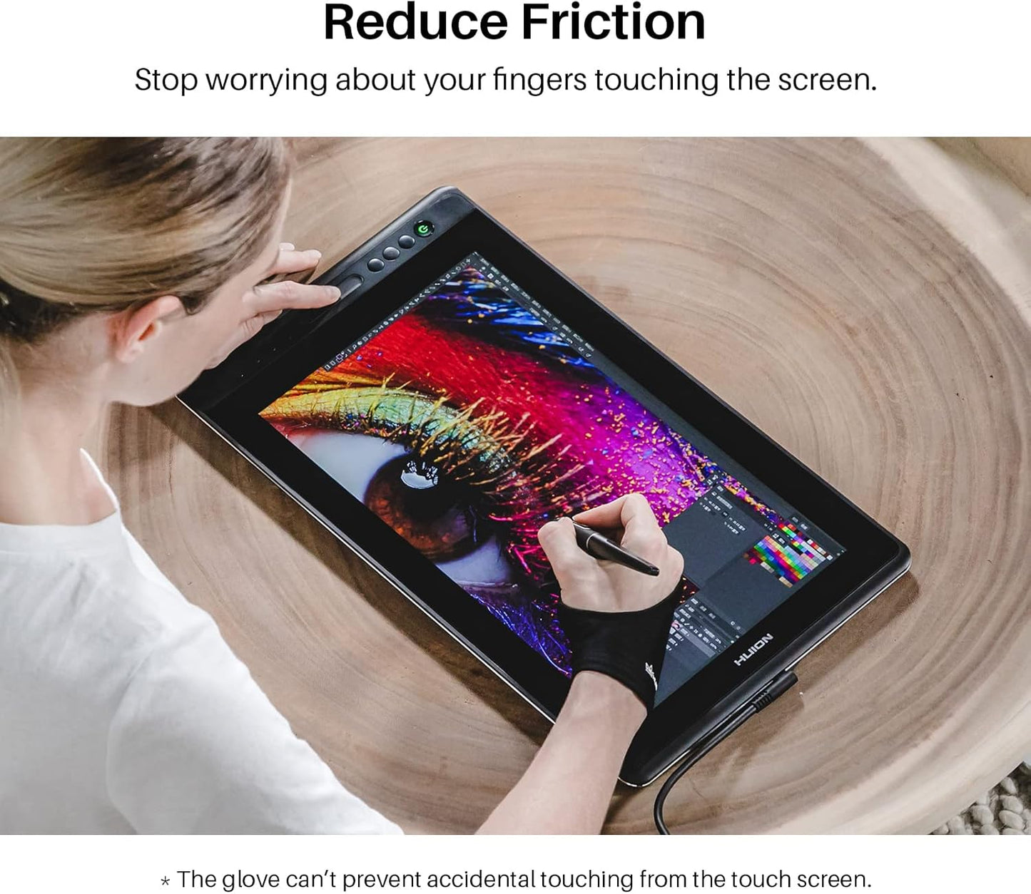 HUION Artist Drawing Glove for Drawing Tablet, Paper Sketching, Art Glove with Two Finger for Right Hand and Left Hand, Reduces Friction, Elastic Lycra, Large Size