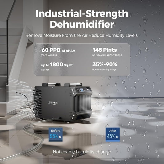 ALORAIR Crawlspace Dehumidifiers, 145 Pint Commercial Dehumidifier for Basements with Drain Hose, 1,800 Sq.Ft Auto Defrost Compact Portable Industry Crawl Spaces Dehumidifier