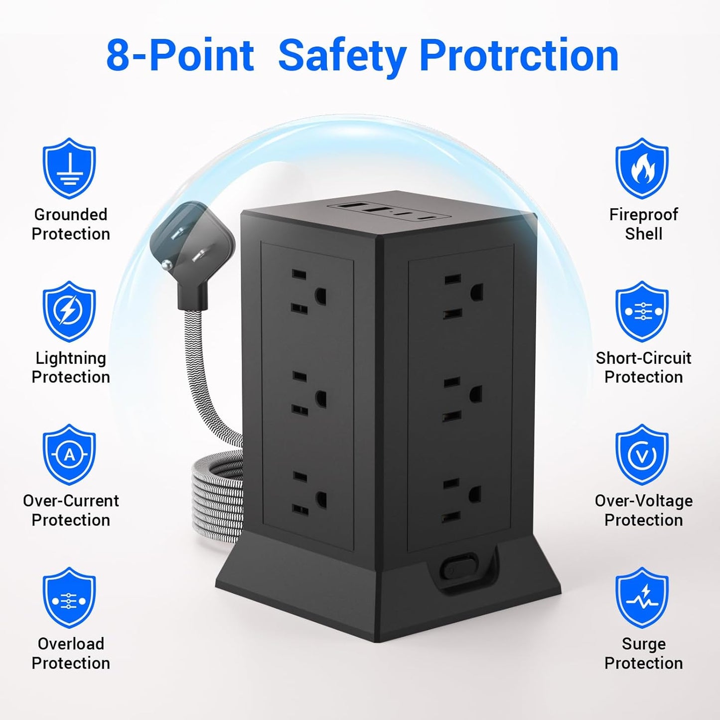 Power Strip Tower with Multiple Outlets 16.5 Ft Extension Cord Flat Plug with 12 AC Outlets 4 USB Ports (2 USB C), Power Tower Surge Protector with Individual Switches for Home Office Dorm Room, Black