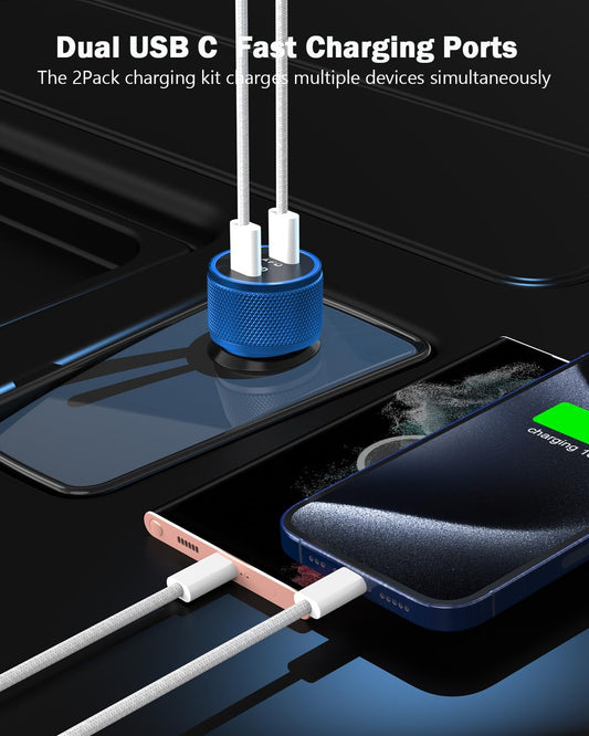 iPhone Car Charger Fast Charging,iPhone 16 Car Charger 2PACK Dual USB C PD3.0 Port CarCharging Adapter and USB C to C Braided Nylon Charging Cable Compatible with iPhone 16/16 Pro Max/15/iPad(Blue)