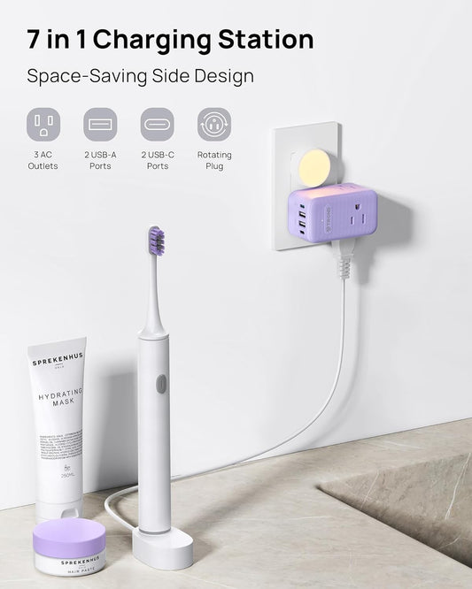 TROND Multi Plug Wall Outlet, 3 AC Outlet Extender with 360 Rotating Plug, Small Wall Adapter with PD 20W USB C, Cute and Durable for Purple Lovers, Goes with All Scenes Purple Vibe
