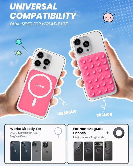Klearlook Magnetic Suction Phone Mount for MagSafe Case, Removable Sticky Phone Grip Holder for Hands-Free Makeup/Selfie/Live Streaming/Vlog for TikTok & Instagram Influencer/Creator, Hot Pink