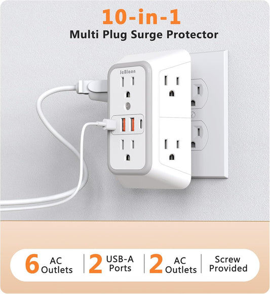 USB Wall Charger Power Strip Surge Protector with 4 USB Ports (2 USB C) Plug Extension Multiple Outlets Plug Extension Multi Outlet Plug in Adapter Spaced Outlets for Home Office Travel,White (White)
