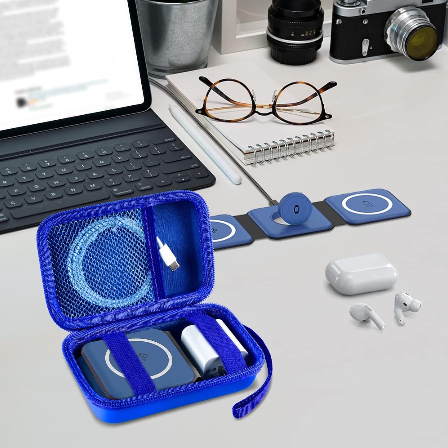 Travel Case for UCOMX for Nano/for Iseyyox/for LISEN/for RTOPS 3 in 1 Wireless Charger, Foldable Magnetic Charging Station Storage Holder Bag for Fast Charge Pad Cable and Adapter, Blue-Box Only