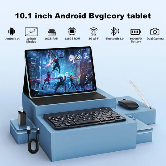 Android 14 Tablet with Keyboard,16GB RAM 128GB ROM 1TB Expand, 8000mAh Battery, 10.1 inch Tablet with 13MP+8MP Camera/Bluetooth/GPS/WiFi/HD Display (Light Blue)