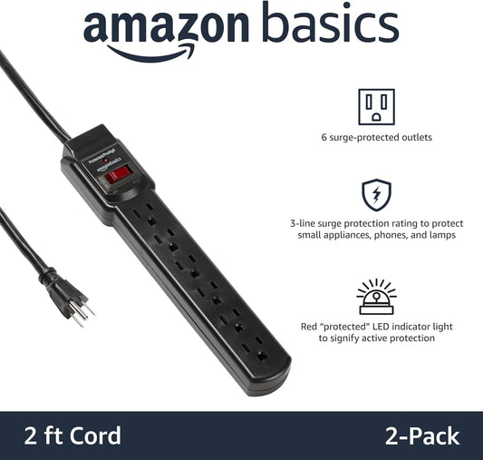 Amazon Basics Surge Protector Power Strip, 6-Outlet with 200J Protection, 2ft Extension Cord, Rectangle, Black (2 Pack)