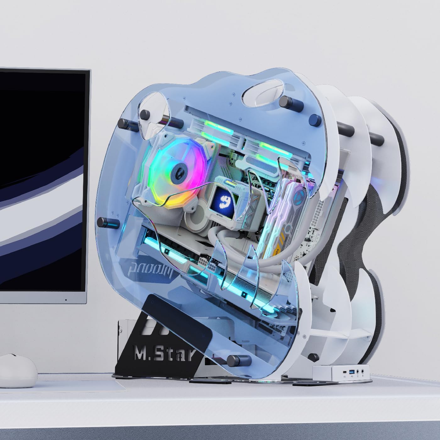 MegaPC Upgraded Open-Frame Mid-Tower Micro-ATX/Mini-ITX Gaming PC Case, Tempered Glass Side Panel, Pre-Installed ARGB PWM Fan, with USB3.0, USB-C, 240mm Radiator Support (Upgrade White)