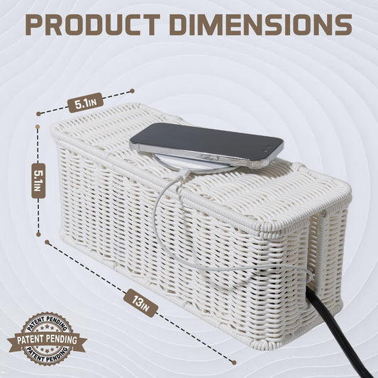 Cable Management Box, Handmade Rattan Cable Organizer, 2 Open Slots Cords Hider Box, Under Desk Cord Organizer for Computer Router USB Hub & Power Strip, Patent Pending, 13" x 5.1" x 5.1", White