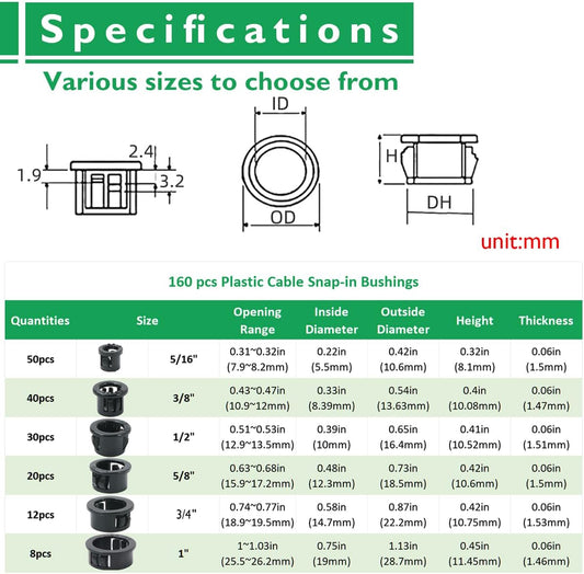 160 Pcs 6 Sizes Cable Snap-in Knockout Insulating Bushing Grommets Assortment Kit, 5/16, 3/8, 1/2, 5/8, 3/4, 1 Black Nylon Plastic Hole Grommets for Wiring, Wire Cord Hose Tubing Protector