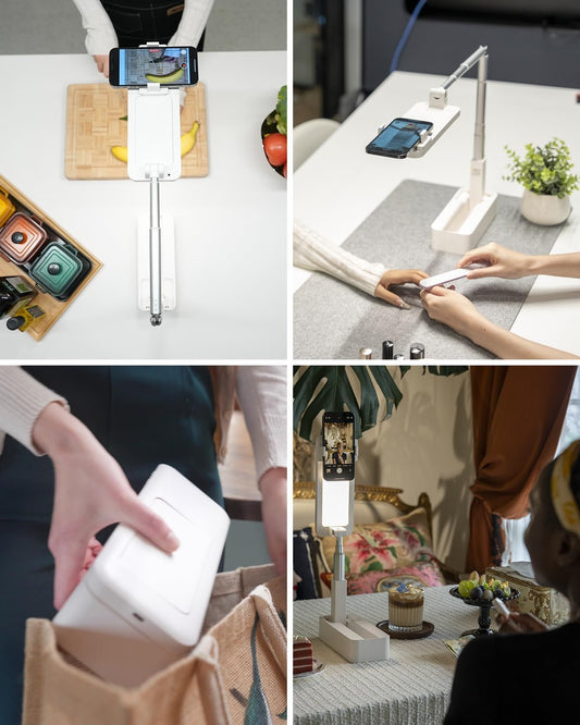 Phone Stand for Recording, Overhead Phone Mount with Light, Selfie Stand,Portable,Extendable,360° Rotate,Adjustable,Wireless Remote,Rechargeable, for 3.5-6.9" Phones, Live Streaming, White