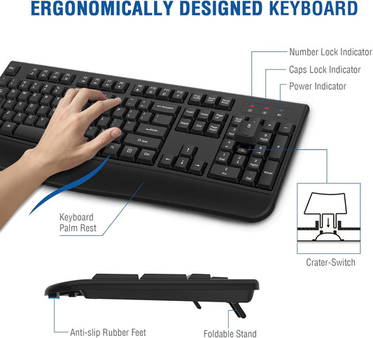 EDJO Wireless Keyboard, 2.4G Ergonomic Full Size Wireless Computer Keyboard with Wrist Rest for Windows, Mac OS Desktop/Laptop/PC(Black)