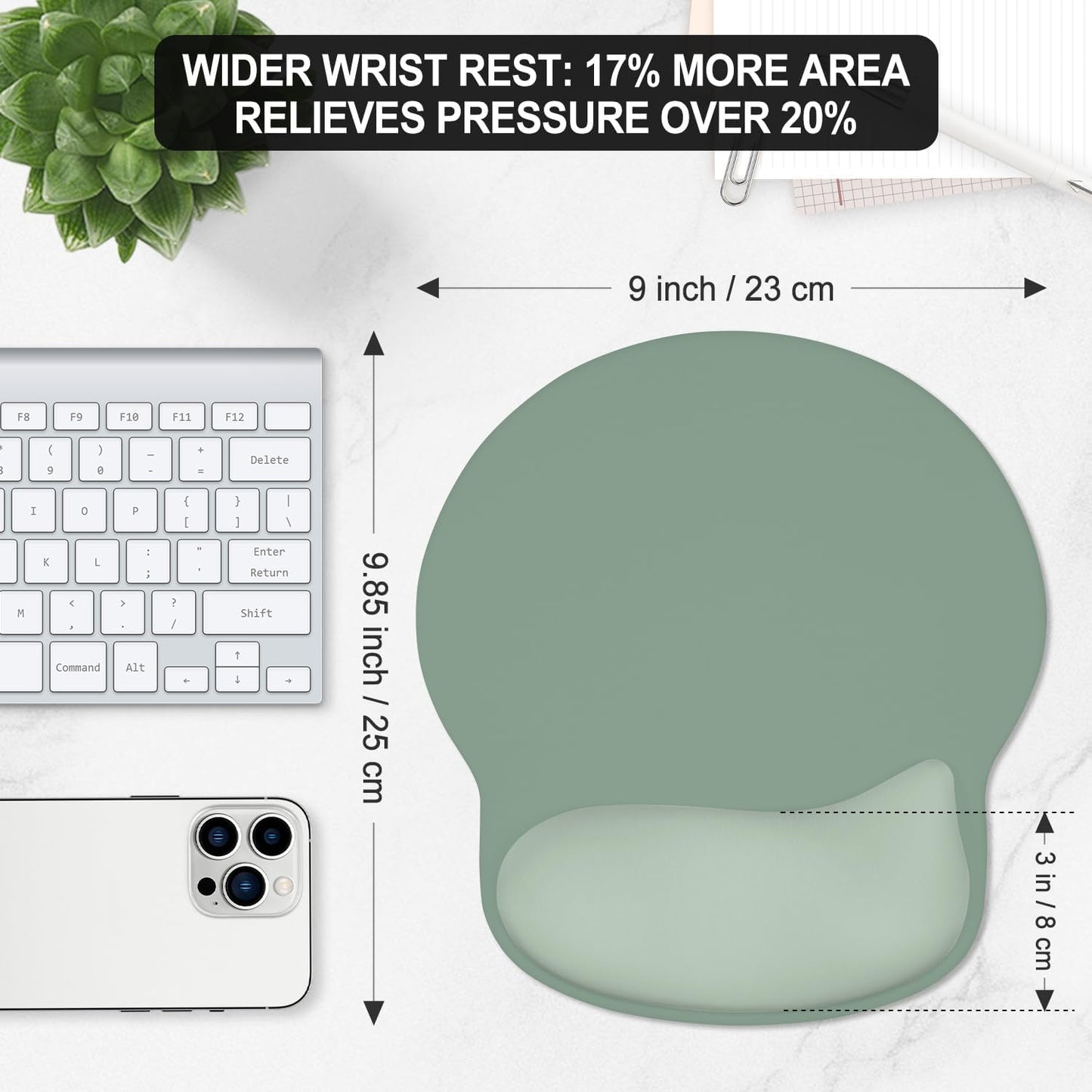 ITNRSIIET Ergonomic Mouse Pad with Wider Memory Foam Wrist Rest +17%, Curved Cushion Reduces Pressure 20%, Pain Relief, Non-Slip, Smooth, Cute Color Desk Accessory, 9.85 x 9 inch, Sage Mint Gradient