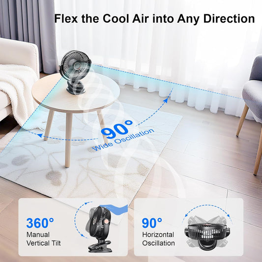 iNeibo 10000mAh Portable Clip on Fan, 90° Oscillating Fan, 8 Inch Rechargeable Battery Operated Desk Fan, Strong Airflow, 5 Speeds, Sturdy Clamp for Golf Cart Home Office Outdoor Travel (Black)