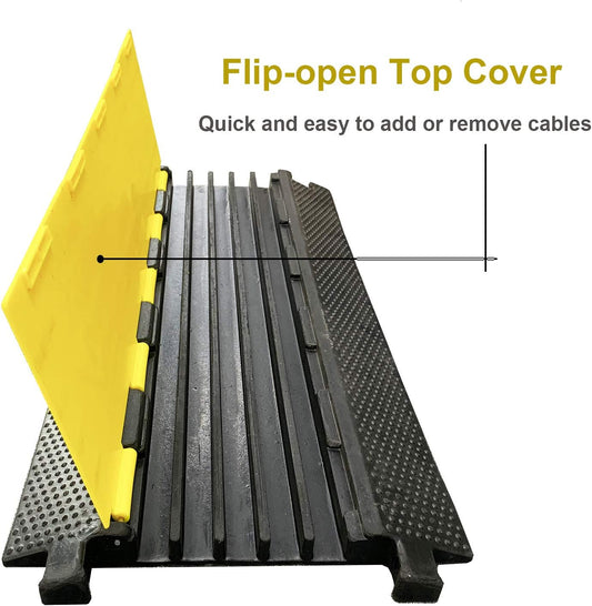 Reliancer 5 Channel Rubber Cable Protector Ramp Traffic Speed Bump 18000lbs Capacity Heavy Duty Cable Protective Cover Ramp Driveway Hose Cord Track Protector Wires Concealer w/Flip-Open Top Cover