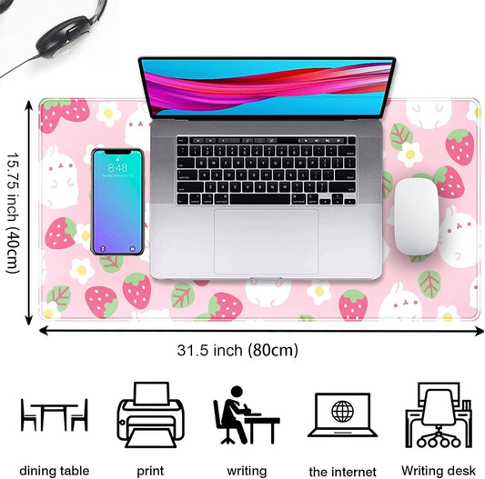 Pink Kawaii Desk Mat, Strawberry Field Desk Pad Large, Extended Mouse Pad Cute, XXL Laptop Computer Keyboard Mat Desktop Mouse Mat, Gaming Computer Pad Women Desk Decor Accessories 31.5"x15.75"