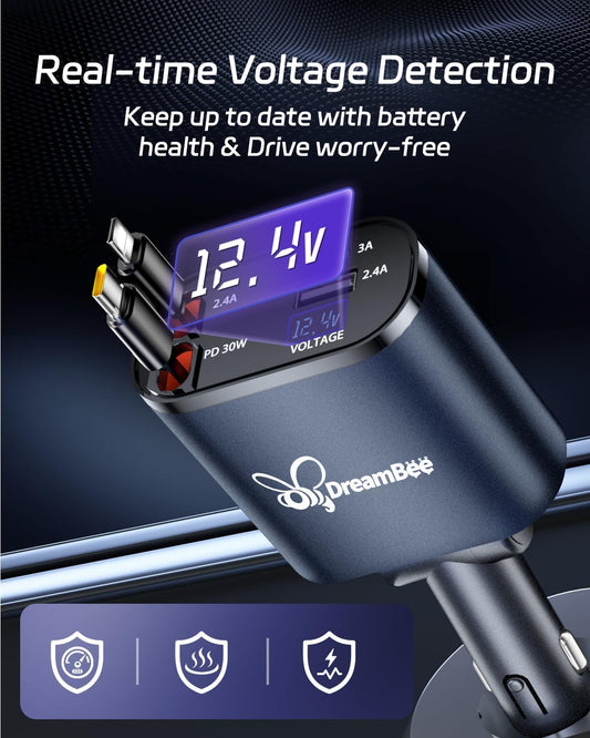 DreamBee Retractable Car Charger,66W 4 in 1 Super Fast Charge Car Phone Charger,Gifts for Men Women Car Truck Accessories for iPhone 15/14/13/12 Pro Max XR,iPad,Samsung,Pixel-Blue