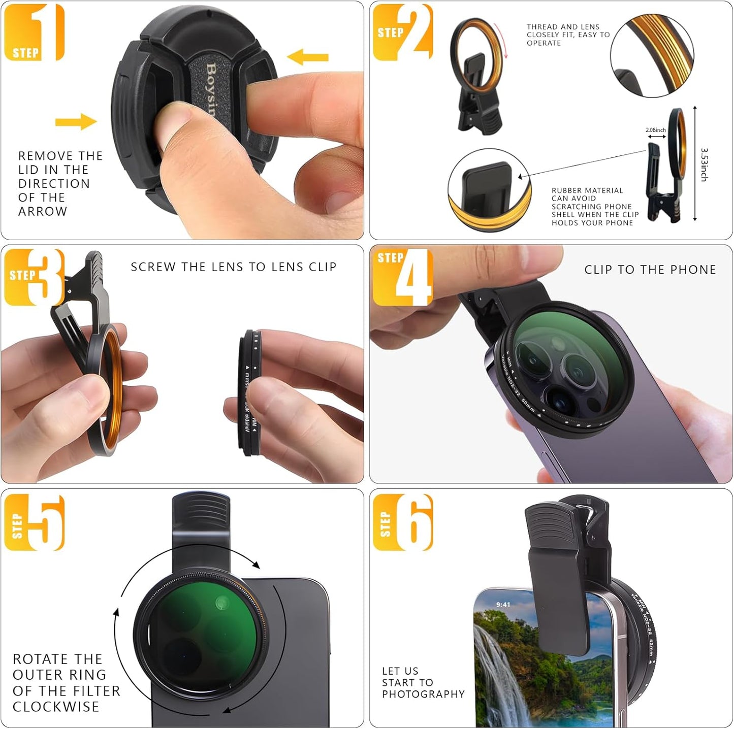 52MM Clip-on Variable ND2-32(1-5 Stops) Phone Lens Filter Kit, Ultra Slim Multi-Coated Adjustable Neutral Density Filter, Compatible for iPhone 16 15 14 13, Google Pixel and Other Smart Phones