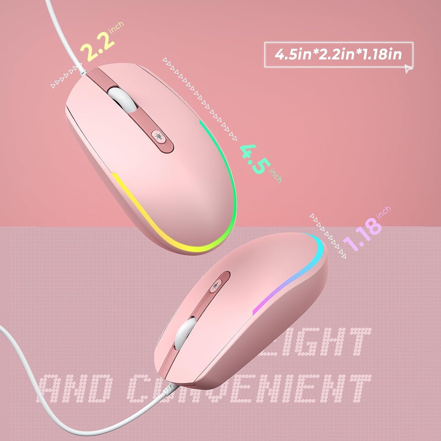 seenda Wired Mouse - USB Computer Mice Wired with RGB Backlit Optical LED Mouse with Attached USB Cord for Laptops Notebooks Chromebook - Pink
