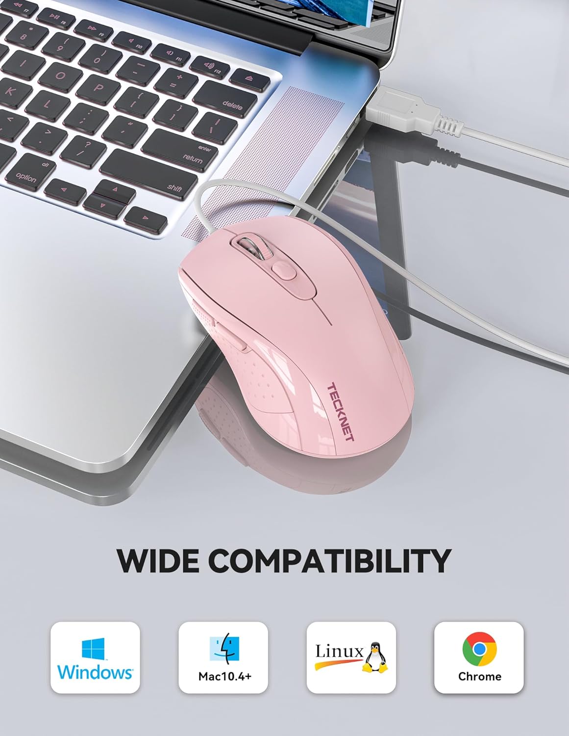 TECKNET USB Wired Mouse, 3600DPI Corded Computer Mouse with 4 Adjustable Levels, 6-Button 5FT Cord Ergonomic Mice, Home and Office Mouse for Laptop PC Desktop Notebook - Pink