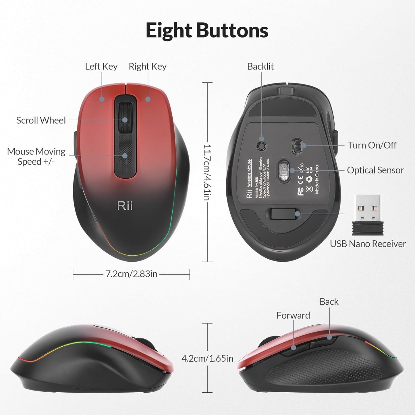 Rii Wireless Mouse Rechargeable, 2.4 GHz with USB Receiver, 1000/1200/1600 DPI, Ergonomic Grips, Silent Keys, Cordless Computer Mice for Laptop, PC, Desktop, Mac