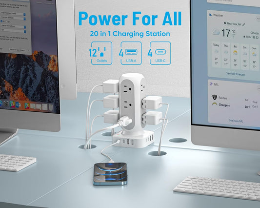 Flat Plug Power Strip Tower 10FT, 40W Total Fast Charging Station, Dual PD 20W USB-C Surge Protector with 12 AC Outlets and 8 USB Ports (4 USB C), Long Extension Cord for Home Office Dorm Room