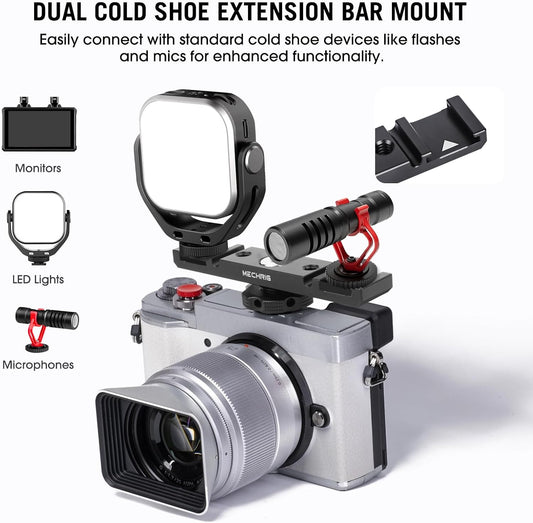 Dual Cold Shoe Extension Bar Mount, Aluminum Dual Hot Shoe Mount Bracket with 1/4" Thread & Cable Slot, Cold Shoe Bracket for DSLR Camera LED Video Light Microphone Monitor (62034)