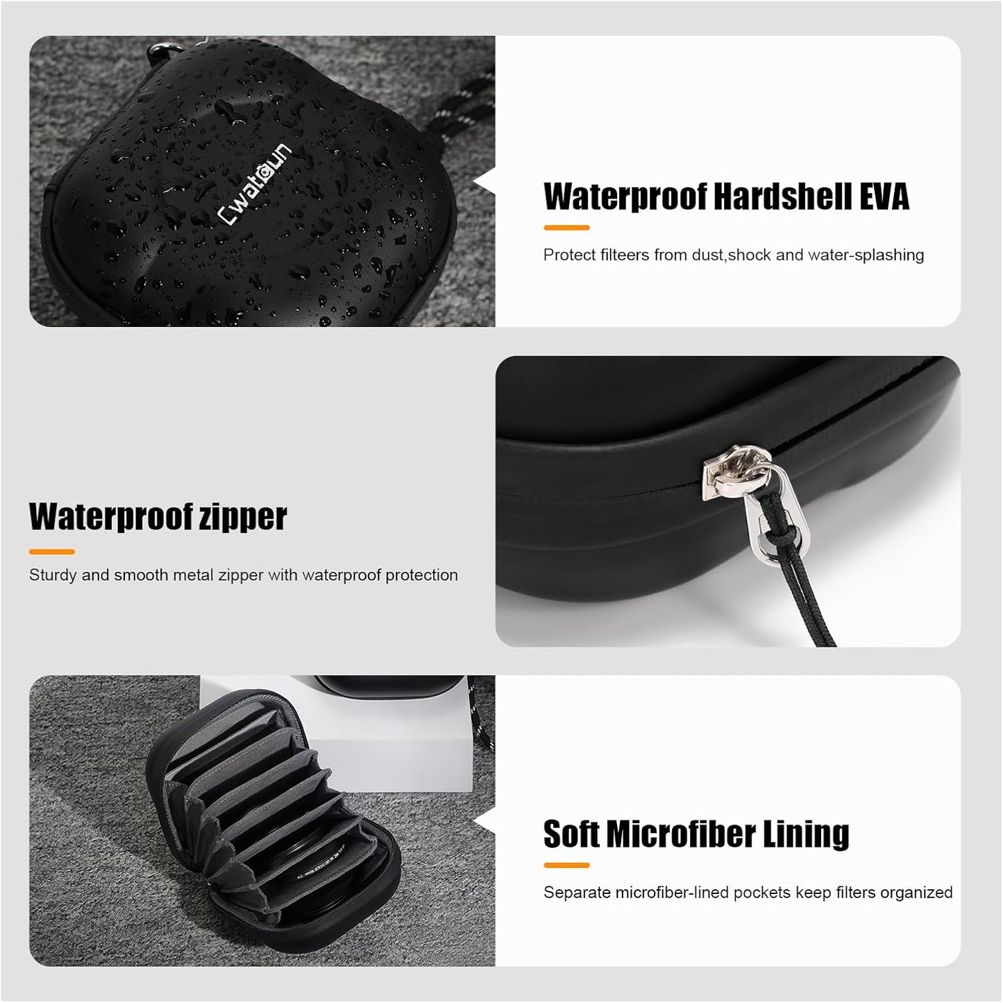 Cwatcun Hard Shell Lens Filter Case, Camera Filter Case for 7 Filters Up to 100mm with Hand Strap, Dustproof & Waterproof Camera Lens Filter Storage Case for ND UV CPL Filter Pouch