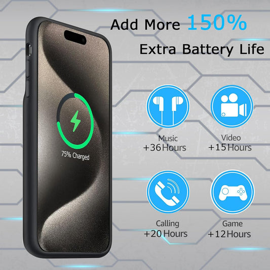 Battery Case for iPhone 15 Pro, Full Encircle 10000mAh High Capacity Rechargeable Portable Charger Case Extended Battery Pack for iPhone 15 Pro (6.1 inch) Wireless Charging Case with Carplay-Black