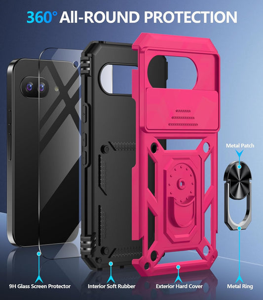 Taisairu for Google Pixel 9A Case with Screen Protector & Slide Camera Lens Cover,Built-in 360°Rotate Magnetic Ring Stand Shockproof Protective Phone Case for Google Pixel 9A Case(Hot Pink)