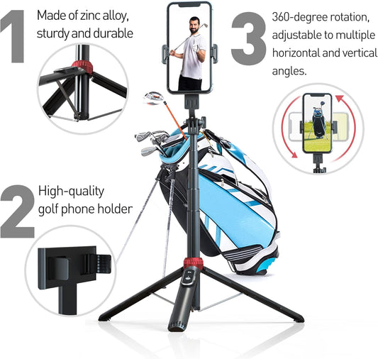 62" Phone Tripod & Selfie Stick for Golf Training, Extendable Cell Phone Tripod Stand with Wireless Remote and Phone Holder, Golf Training Aid - Compatible with iPhone Android iPhone