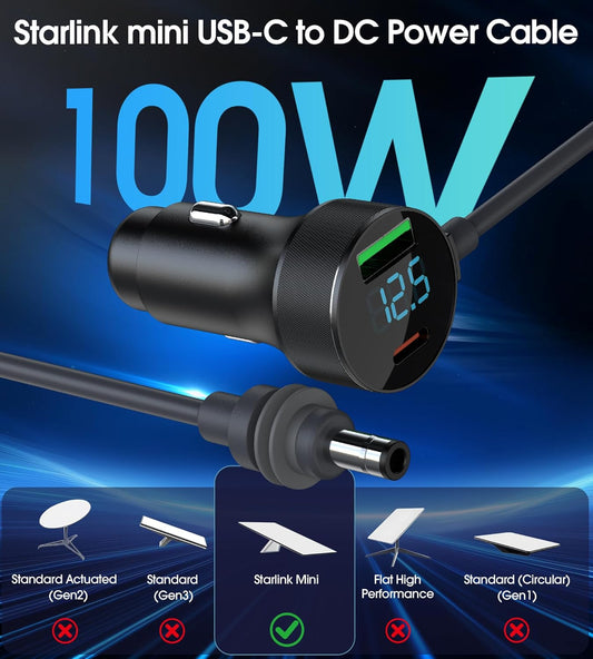 3 in 1 Starlink Mini Cable, 12V-48V Starlink Mini Car Charger DC Power Cable+ Cigarette Lighter Adapter with Digital Display, USB C PD 40W and USB A Ports 30W (9.8ft/3m)