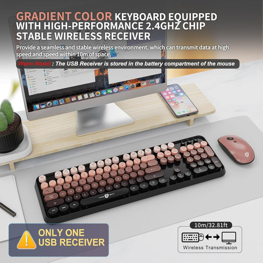 Wireless Keyboard and Mouse Combo, 104 Round Keys Cute Colorful Keyboard and Mouse with Retro Typewriter for PC/Mac/Laptop/Tablet/Computer/Windows Black