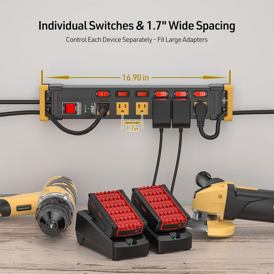 CRST 6 Outlets Wide Spaced Power Strip, Metal Wall Mount Surge Protector Power Strip with Individual Switches and Cord Manager for Garage, Shop, Office, Home. 1020Joules, 15Amp/1875W, 6 FT Cord