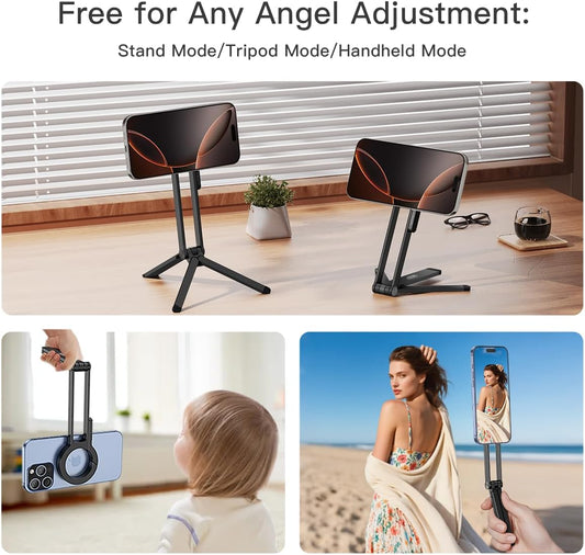Magnetic Phone Tripod Stand for iPhone,Adjustable and Foldable Mini Pocket Tripod,Strong Magnet Selfie Stick Stand for iPhone 16/15/14/13/12 and Mag Safe Cases