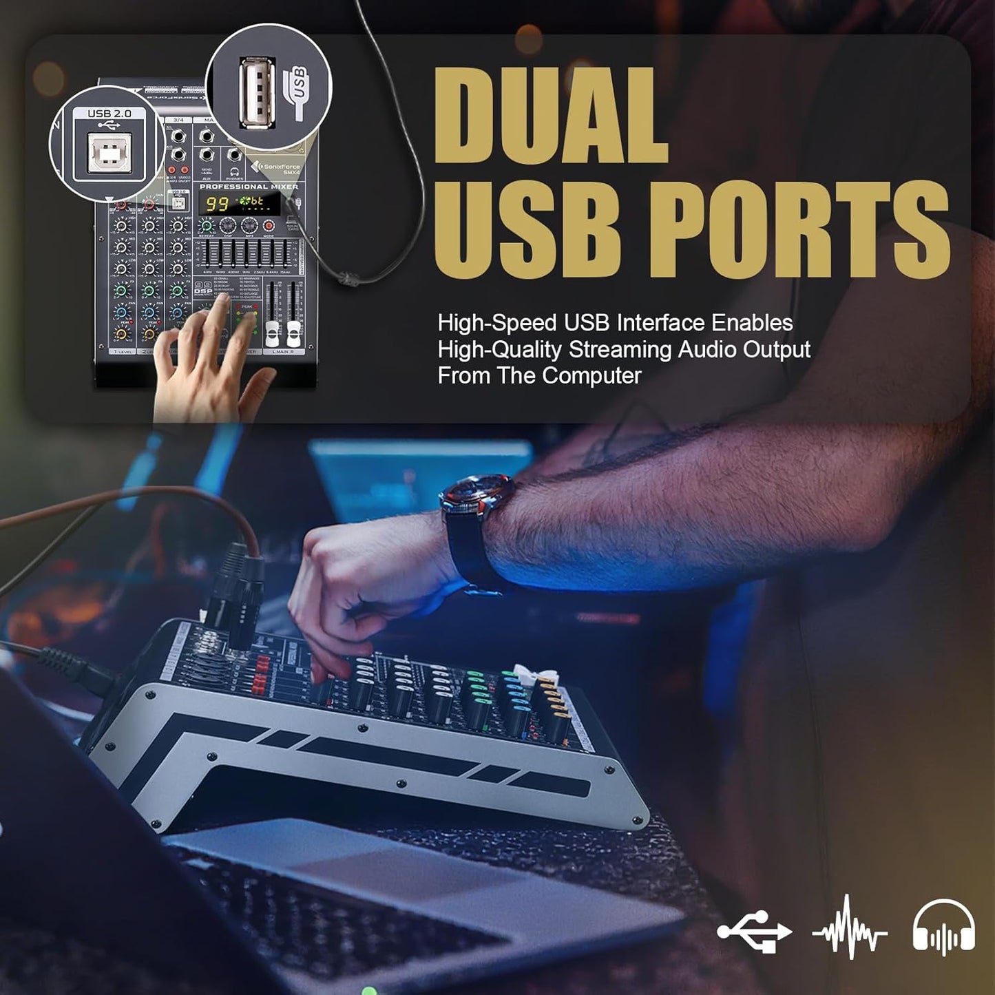 Professional Audio Mixer 4 Channel Sound Board Console System 99 DSP DJ Mixer 48V Phantom for Karaoke DJ Studio Streaming Recording