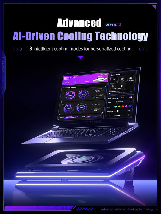 llano V12 Ultra Laptop Cooling Pad with Smart Software Control, RGB Gaming Laptop Fan Cooler Stand, 5.5" Turbo Fan, Adjustable Speed, 3*USB 3.0 Ports, 3 Height Stands, for 15.6"-19" Laptops, Black