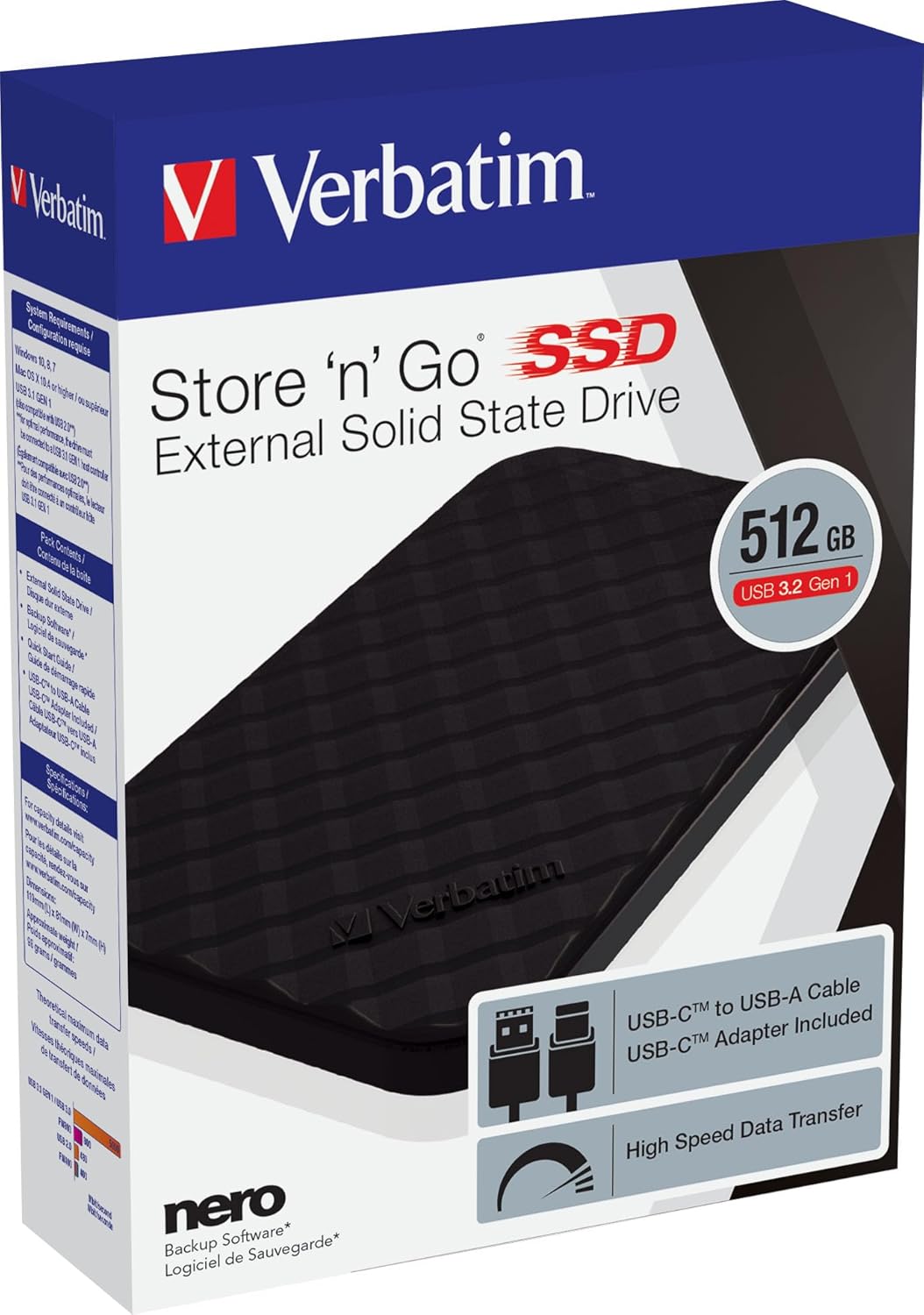 Verbatim 512GB Portable SSD External Hard Drive Store ‘n’ Go USB 3.2 Gen 1 USB-C Adapter Included - External Solid State Drive