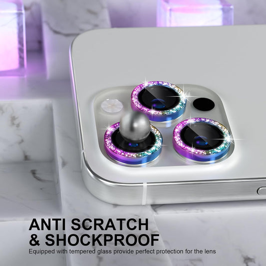 Choiche Compatible for iPhone 16 Pro/iPhone 16 Pro Max Camera Lens Protector Bling, 9H Tempered Glass Camera Cover Screen Protector Metal Ring Decoration Accessories (Glitter-Colorful)