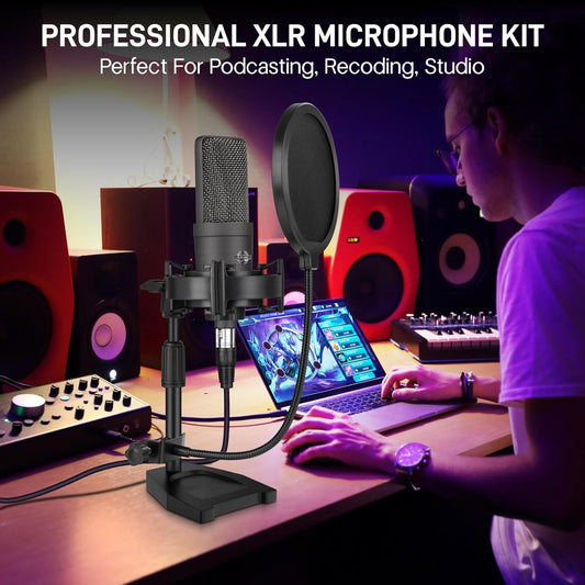 XLR Microphone Professional Cardioid Gaming Mic Kit with Desktop Stand,Shock Mount,Pop Filter,PC Computer Studio Condenser Microphone for Podcast Recording,Streaming,Voice Over,ASMR,YouTube