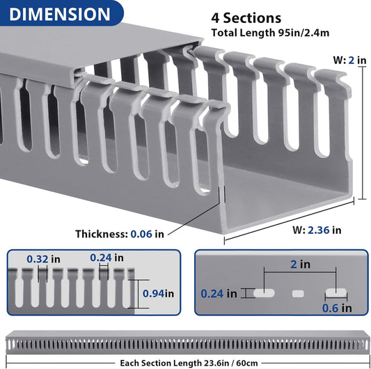 ZhiYo H2 x W2.4in Professional Server Rack Cable Management Raceway, 95in(4X L23.6in) Cable Raceway Kit, Electrically Safe PVC, Open Slot Wire Cord Hider for Under Desk/Computer/Network Cords