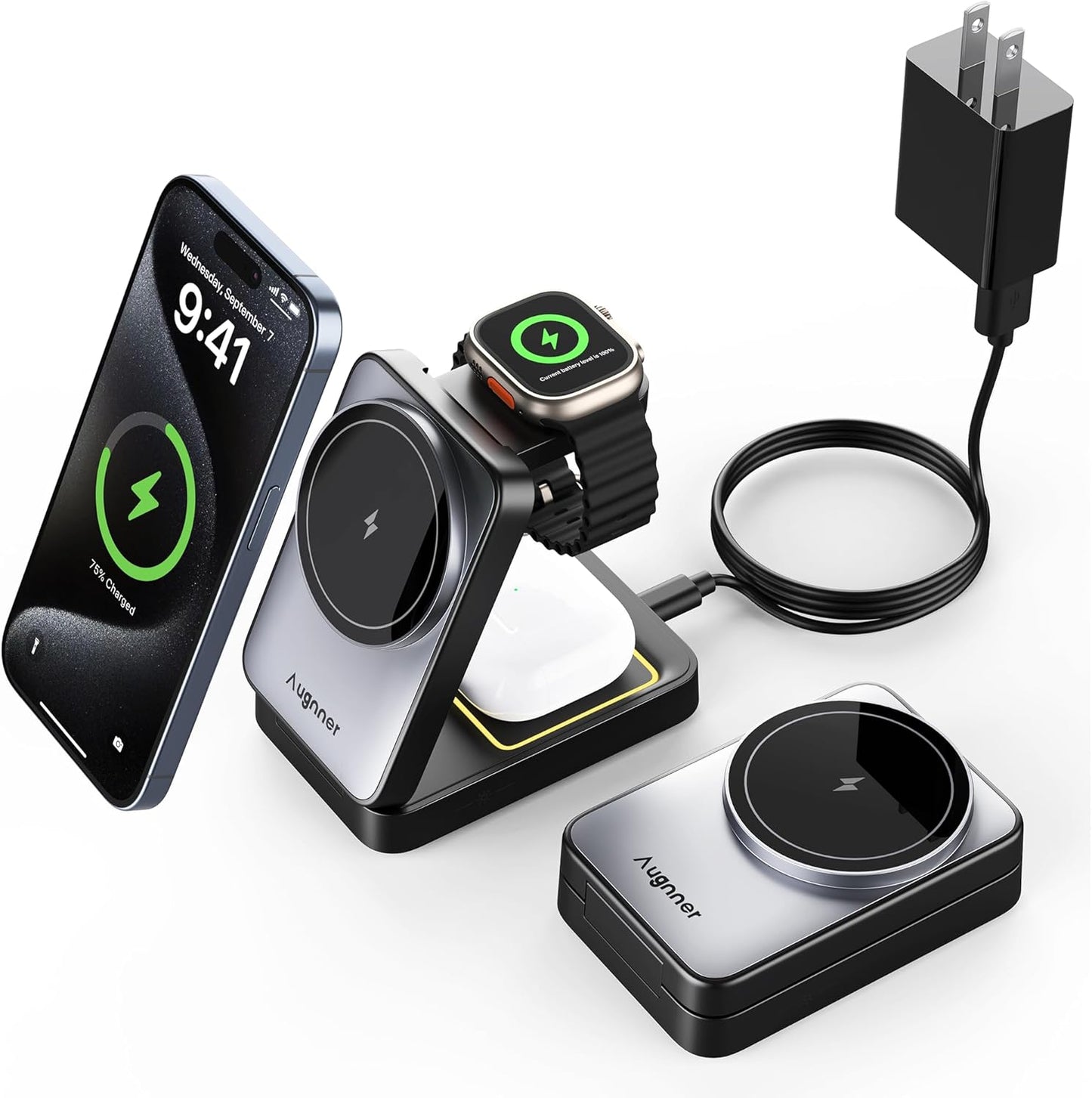 3 in 1 Charging Station for Multiple Devices Apple Compatible with Magsafe Charger Stand, 15W Foldable Cube Wireless Charger for 16/15/14/13/12 Series, Apple Watch, Airpod