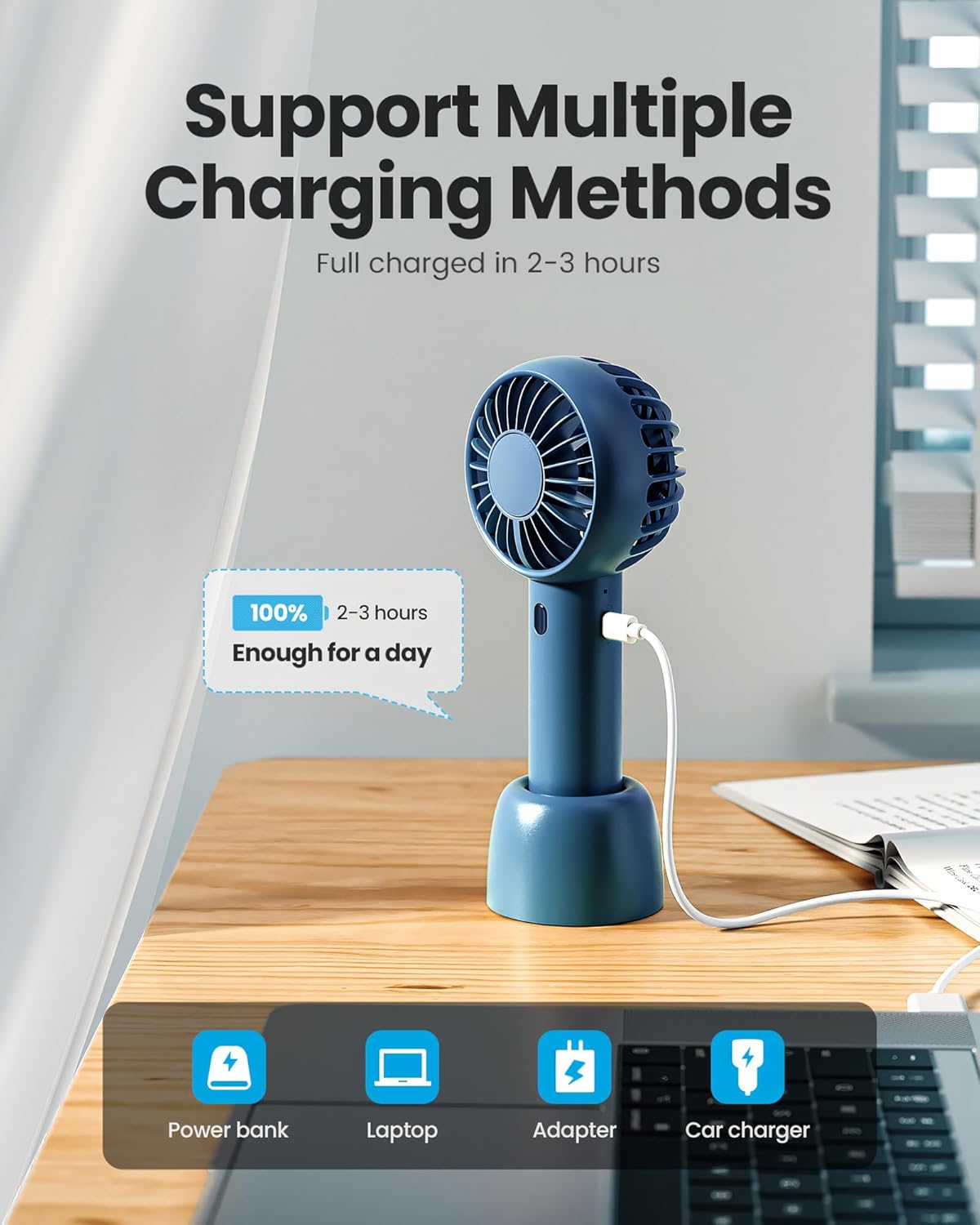 Gaiatop Mini Portable Fan, Navy Blue, Cute Design, Powerful Wind, Handheld and Desktop, Rechargeable Battery