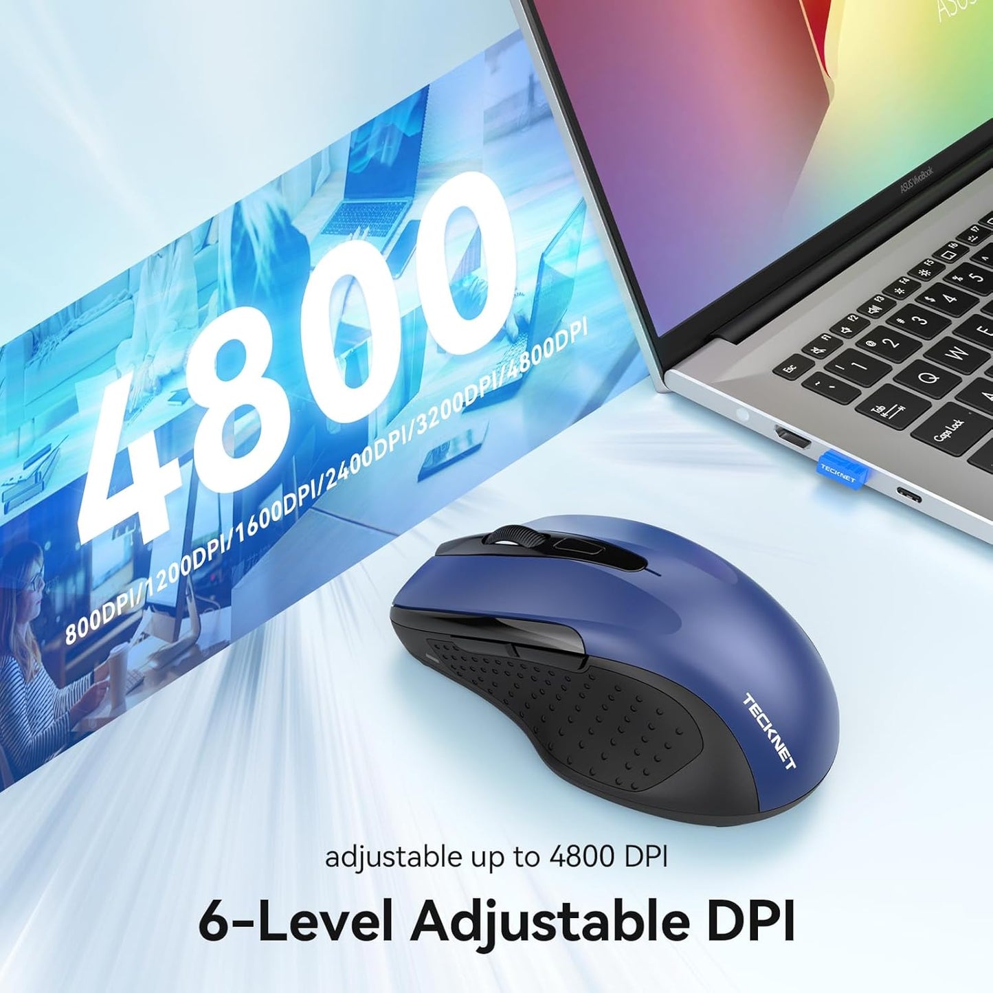 TECKNET Rechargeable Jiggler Wireless Mouse (BT5.0/3.0 & 2.4G) 4800 DPI Silent USB A & Bluetooth Mouse 6 Buttons, Wide Compatibility - Blue