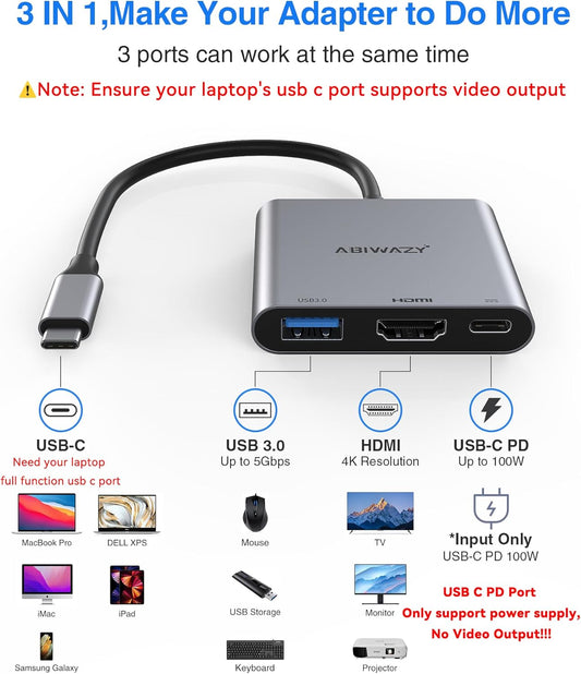USB C to HDMI Multiport Adapter with 4K HDMI Output,Type-C Hub Converter to 4K HDMI USB 3.0 PD Charging Port,USB-C Digital AV Multiport Adapter for MacBook Pro/air,iPad Pro &More USBC Devices(Grey)