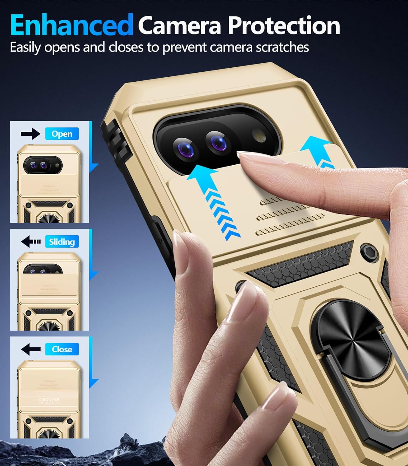 Taisairu for Google Pixel 9A Case with Screen Protector & Slide Camera Lens Cover, Built-in 360°Rotate Magnetic Ring Stand Shockproof Protective Phone Case for Google Pixel 9A Case (Gold)