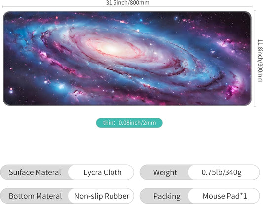 Dynippy Thin Extended Gaming Mouse Pad (31.5 * 11.8 * 0.08 inch) with Stitched Edges Large Mousepad Long XXL Keyboard and Mouse pad Desk Mat for Gaming Office & Home - Spiral Galaxy