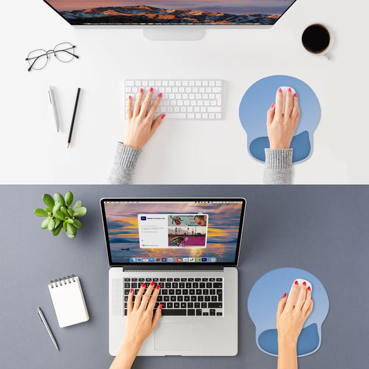 ITNRSIIET Ergonomic Mouse Pad with Wider Memory Foam Wrist Rest +17%, Curved Cushion Reduces Pressure 20%, Pain Relief, Non-Slip, Smooth, Cute Color Desk Accessory, 9.85 x 9 inch, Gradient Blue Ombre