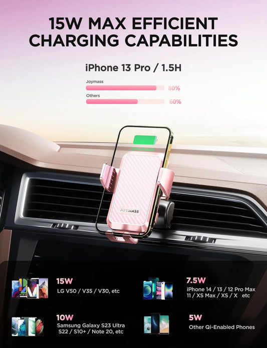 Wireless Car Charger, JOYMASS 15W Fast Charging Auto Clamping Car Charger Cell Phone Holder Mount Vent for iPhone 15 14 13 12 Mini Pro Max, Samsung Galaxy S24 Ultra S23 S22 S21+ Note 20, etc - Pink