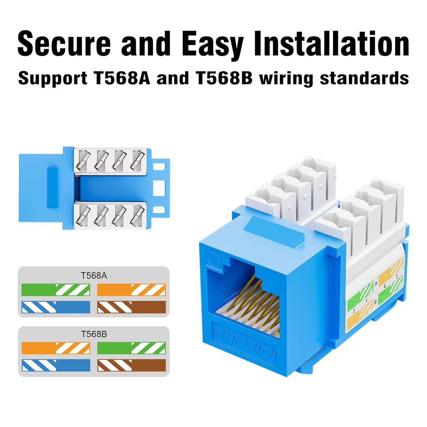 Iwillink 10Gbps Cat6 Keystone Jack 10-Pack, RJ45 90-Degree Ethernet Coupler, Punch Down Adapter (Blue)